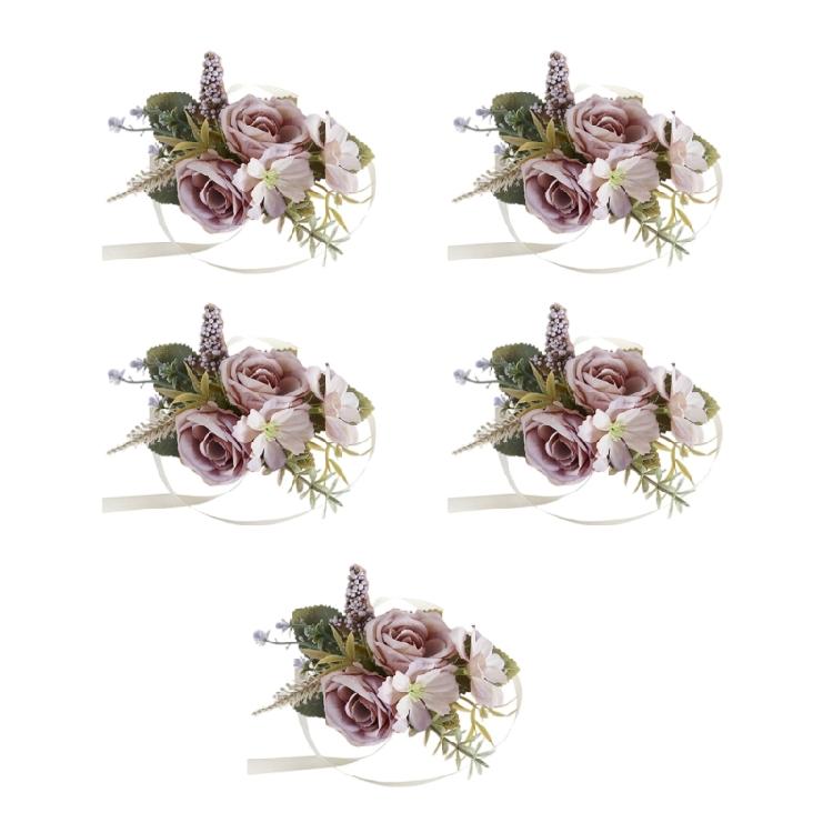 5Pcs Artificial Rose Boutonniere for Wedding Ceremony Anniversary, Dinner Party, Rose Corsages Wristband for Bride Groo