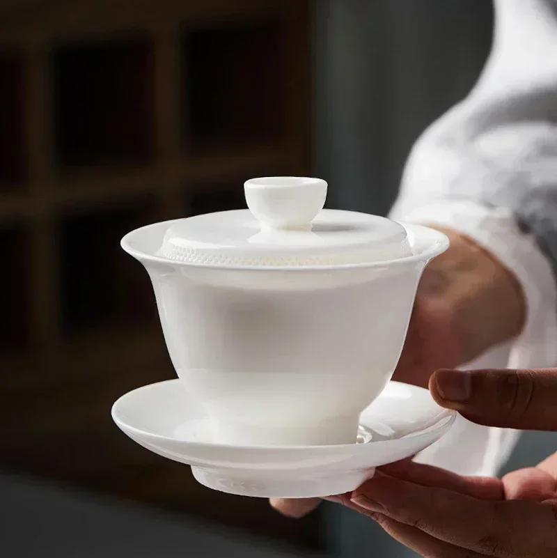 1pc Sheep Fat Jade White Porcelain Gaiwan, Filtered Tea Bowl, Anti Scalding Design, Single Ceramic Tea Cup, Kung Fu Tea Set