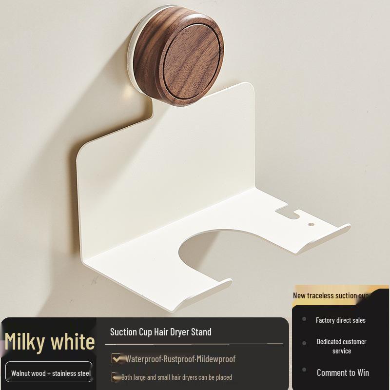 Walnut Wood Suction Cup Hair Dryer Holder: No-Drill, Wall-Mounted Storage Rack