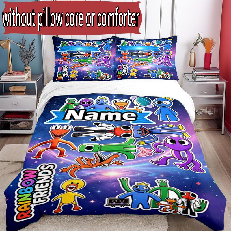 3pcs Duvet Cover Set (1*Duvet Cover + 2*Pillowcase, Without Core), Custom Name Game Rainbow Friends Pattern Bedding Set, Home Bedroom Decor Gift