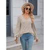 Graue Strickwaren Lose Frauen Pullover Pit Streifen Schleifen V-ausschnitt Spitze Langarm Pullover Einfarbig Casual Pendeln Basis Hemd Herbst Winter