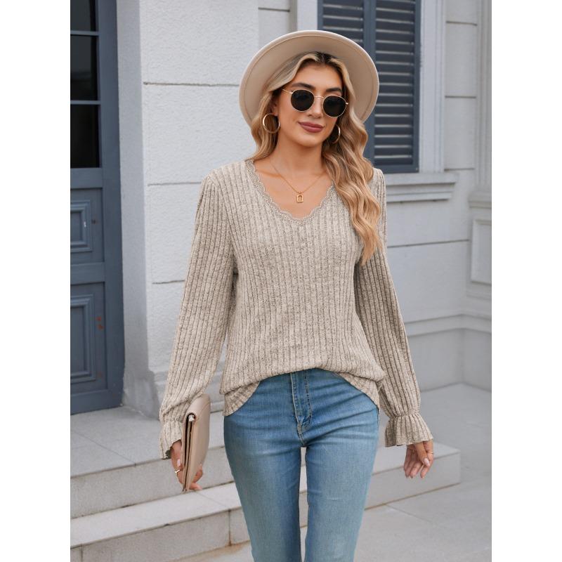 Graue Strickwaren Lose Frauen Pullover Pit Streifen Schleifen V-ausschnitt Spitze Langarm Pullover Einfarbig Casual Pendeln Basis Hemd Herbst Winter
