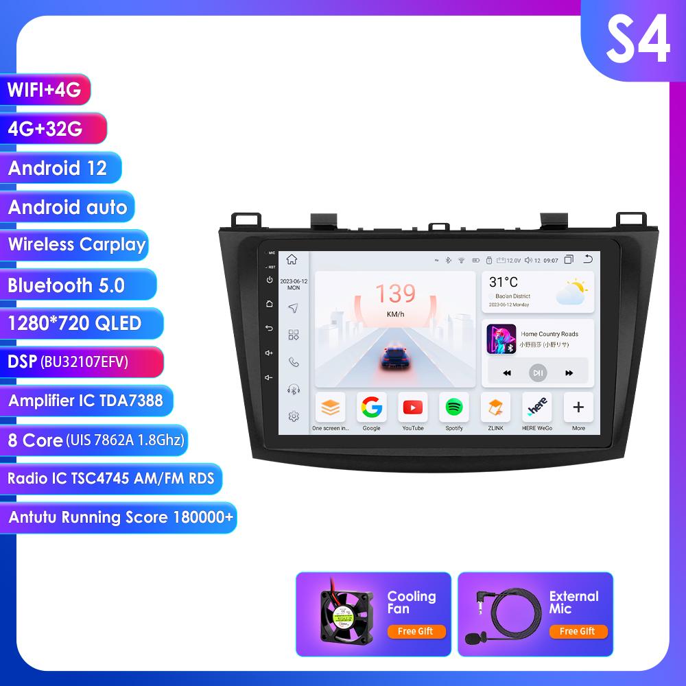 OSSURET 9" Android 14 UIS7862 Carplay Screen for Mazda 3 2010 - 2013 Car Radio Automotive Multimedia GPS Intelligent Navigation BT RDS DSP Octa Core