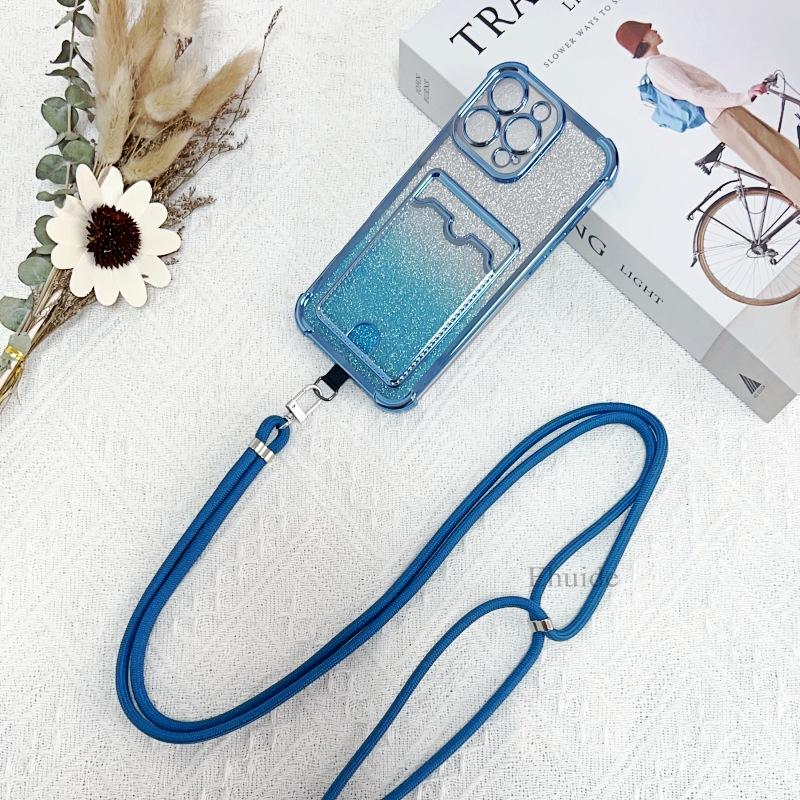 Shockproof Lanyard Card Case For Samsung Galaxy S25 Ultra S24 Plus S23 S22 A55 Crossbody Neck Strap Soft Plating Glitter Cover