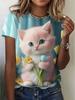 Summer Cute Cat Graphic Flower 3D Print T-Shirts Women Casual O-Neck Short Sleeve T Shirt Harajuku Y2k Tees Tops Female Clothing