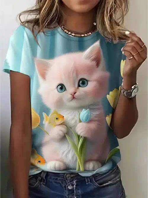 Summer Cute Cat Graphic Flower 3D Print T-Shirts Women Casual O-Neck Short Sleeve T Shirt Harajuku Y2k Tees Tops Female Clothing