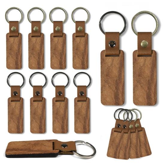 Keychain Pendant Polished Smooth Wood Key Ring with Faux Leather Wrap Lightweight Compact Design