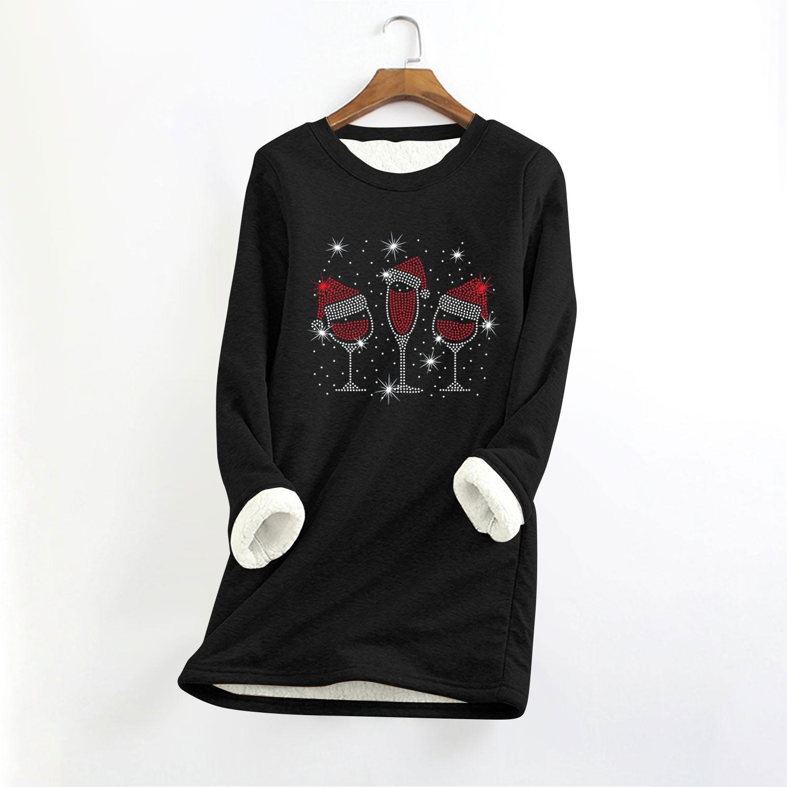 

Женский круглый вырез с длинным рукавом и рождественским принтом, утолщенный плюшевый кашемировый теплый длинный топ M чёрный