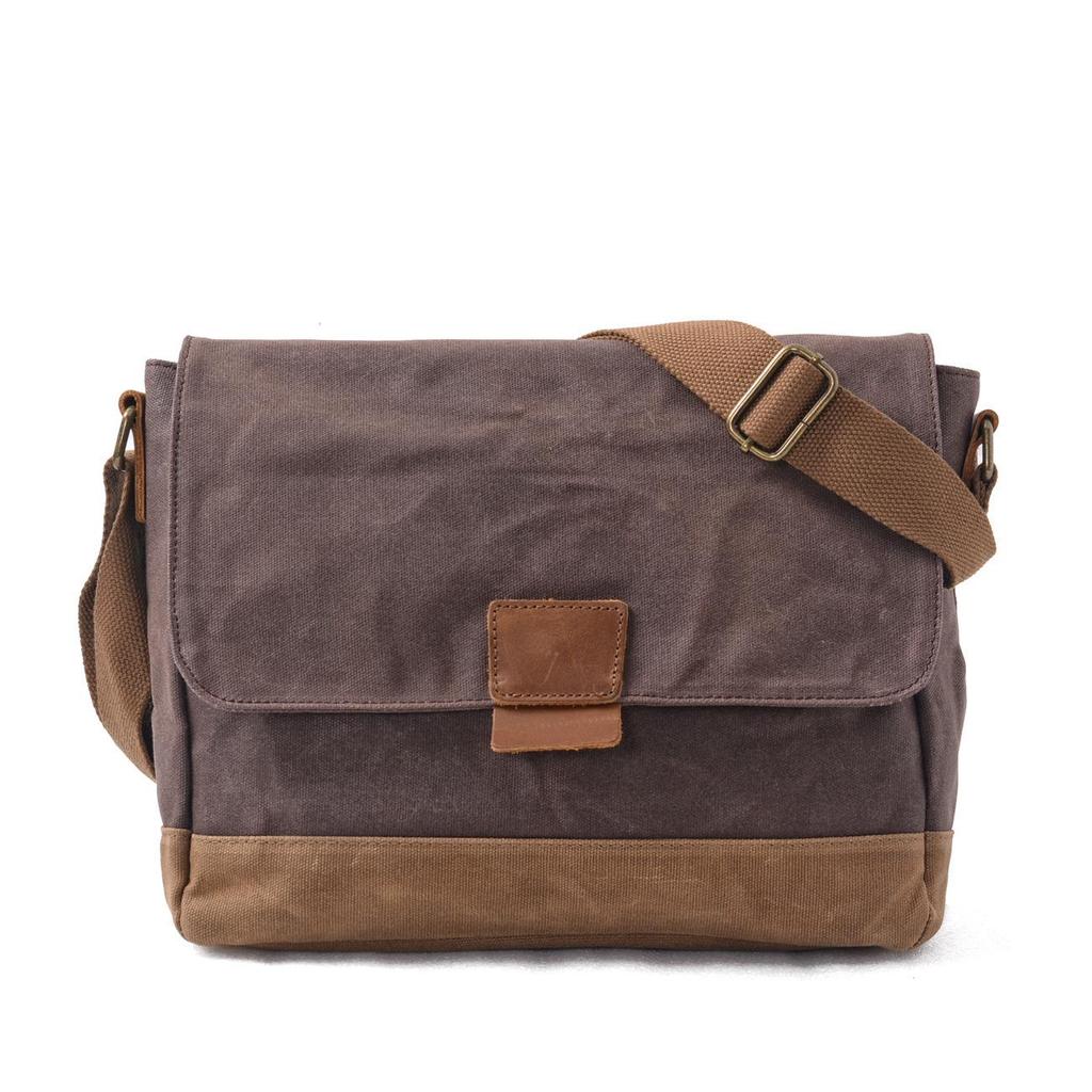 Waxed Canvas Patchwork Crossbody Bag - Top Grain Cowhide, Waterproof, Retro, Casual Men's Shoulder Bag