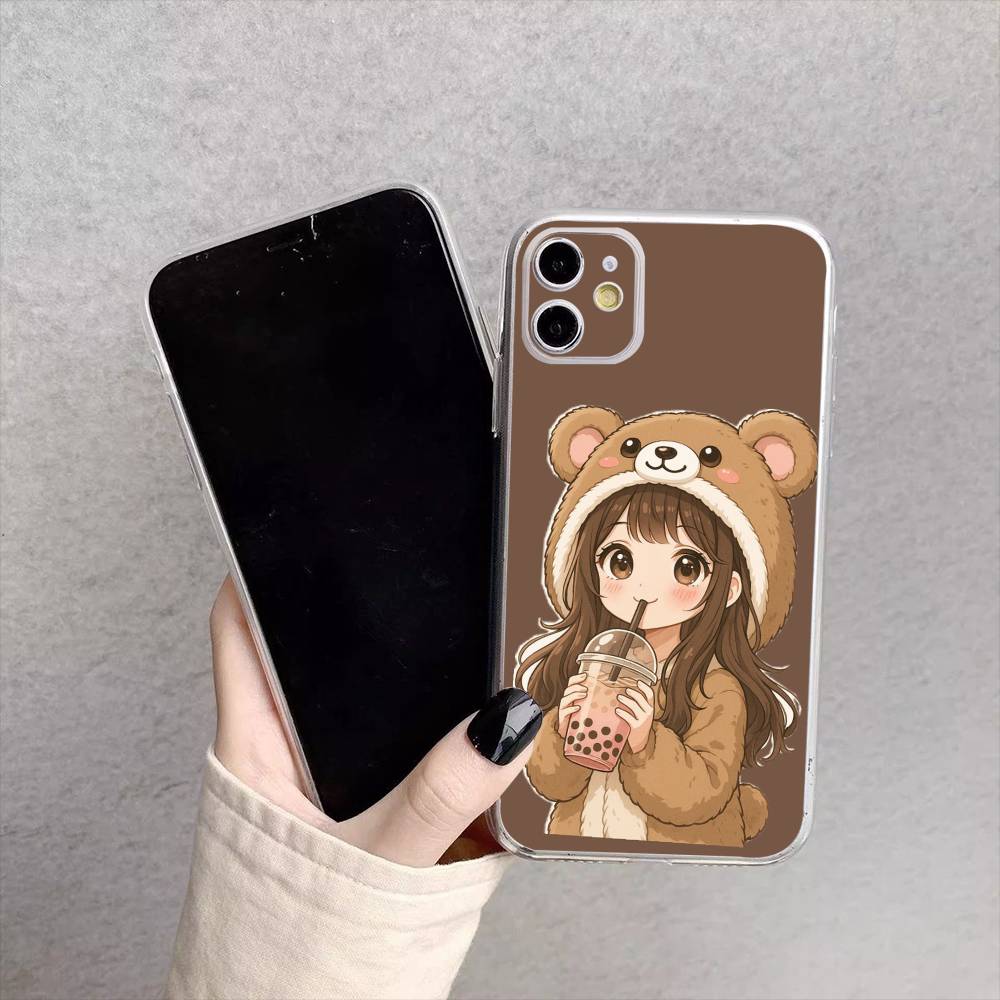 Cartoon Girl Pattern Phone Case For iPhone17,16,15,14,13,12,11 Plus,Pro Max Soft Transparent Cover
