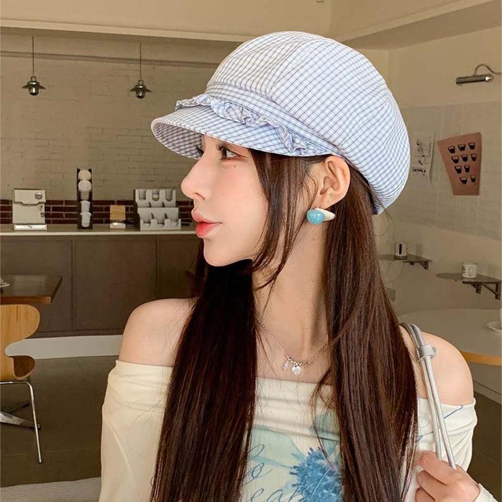 Korean Style Fine Plaid Beret Big Head Circumference Spring Painter Cap Ruffle Octagonal Hat Daily