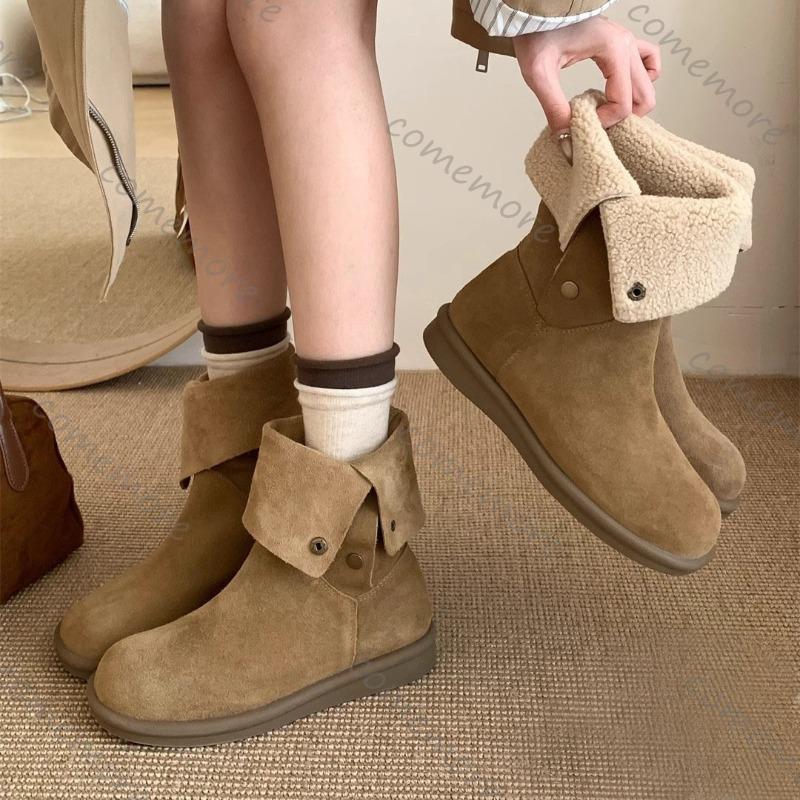 Comemore Soft Suede Leather Thick Bottom Retro Short Boots for Women Autumn Winter Casual Flat Button Casual Stacked Botines