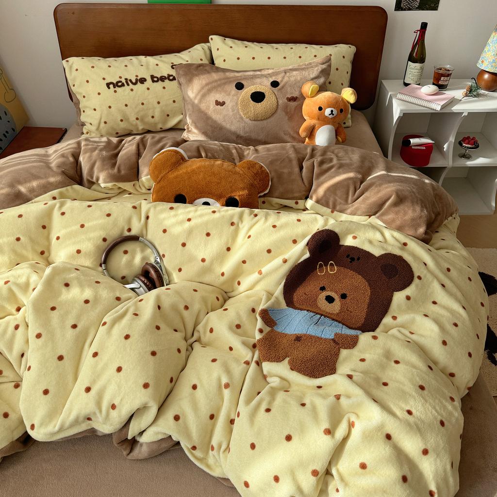 Kawaii Bear Embroidered Winter Bedding Set Thickened Warm Milk Velvet Duvet Cover Set with Sheets Soft Flannel Quilt Cover Kit