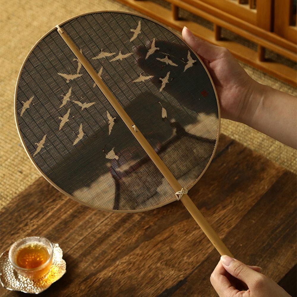 

Handheld Chinese Style Fan Vintage Long Handle Fan Bamboo Woven Round Fan Home Decor Style 1