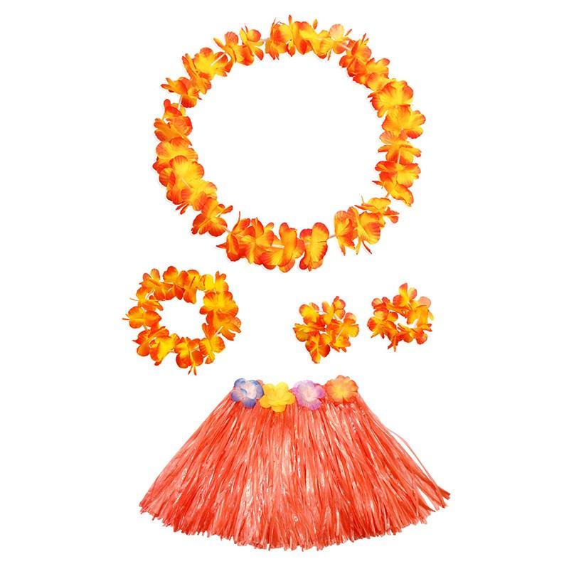 Kids Hawaiian Grass Lei Skirt Flower Wristband Garland Fancy-Costume Suit New