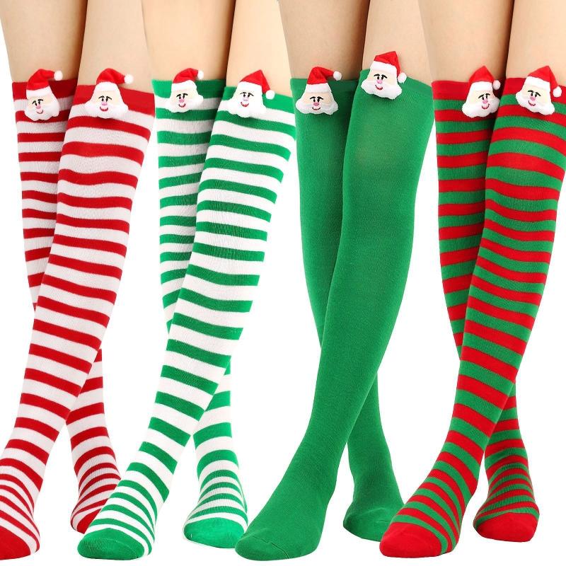 Women Cute Plush Santa Claus Striped Over Knee Long Socks Thigh High Stockings for Christmas Cosplay Costume Hosiery