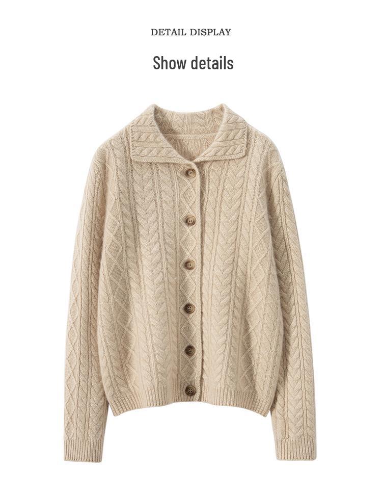 2026 Autumn/Winter Women's Fashionable Thick Cashmere Cable Knit Lapel Cardigan Sweater