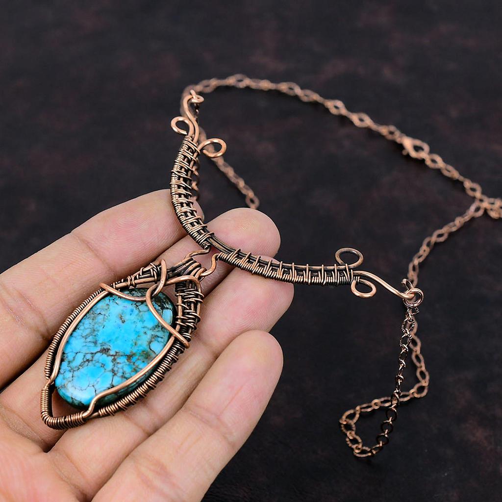 Tibetan Turquoise Gemstone Necklace Copper Wire Wrapped Necklace Adjustable Necklace Copper Wire Wrap Jewelry Handmade Necklace Gift For Her