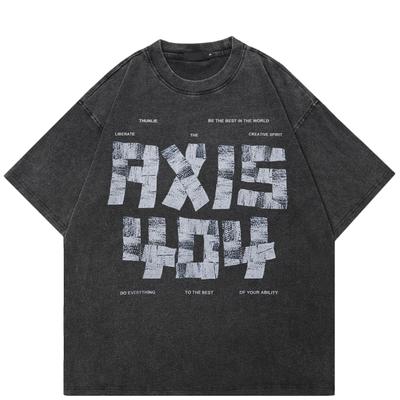T-shirt nera lavata con grafica e lettere streetwear, unisex, in cotone, estiva, a maniche corte