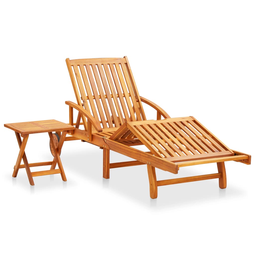 Sun Lounger with Table and Cushion Solid Acacia Wood