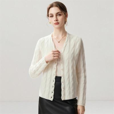 Lekasha Cashmere V-Neck Pearl Button Cable Knit Sweater Coat for Autumn and Winter