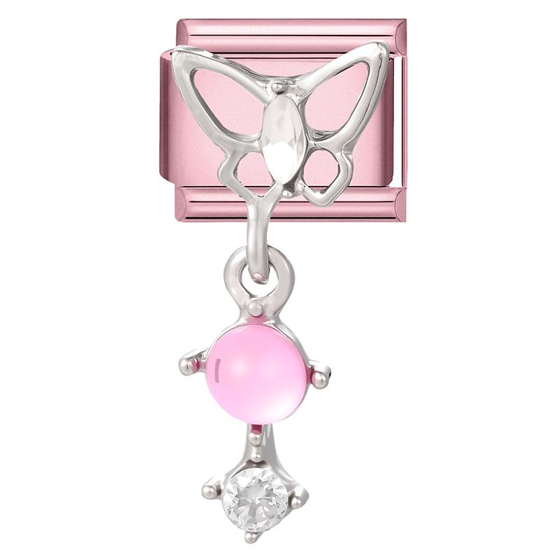 Fashion Zircon Pink Butterfly Star Bow Flower Rabbit Italian Charm Links Fit 9MM Stainless Steel Bracelet Women DIY Making Gift