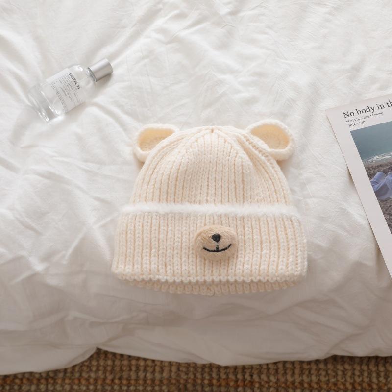 Thick knitted handcrafted bear wool Moao children's cute warm casual and face showing small pullover hat  cold hat for autumn and winter