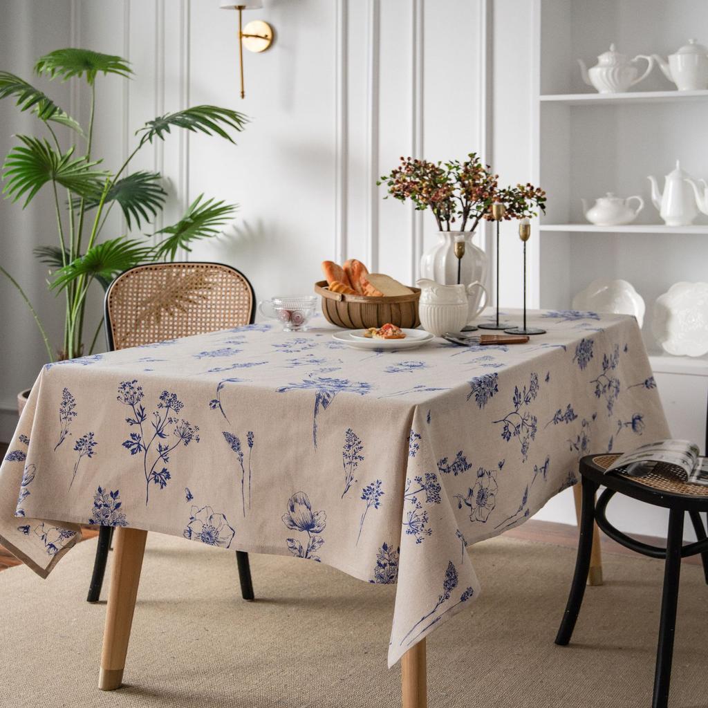 Tablecloth Bee Blue Flower Print Sketch Fresh Table Cloth Cotton and Linen Rectangle