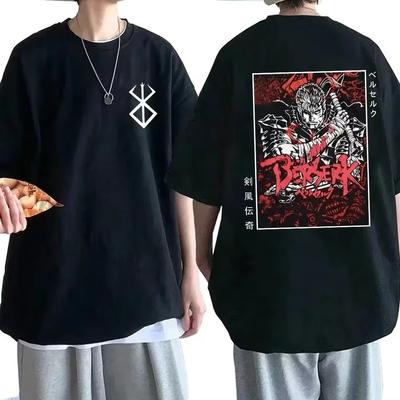 Camisetas de Hip Hop Streetwear para Hombre Anime Berserk Guts Estampado Camiseta 100% Algodón Transpirable Camisetas Unisex Oversized Casual Ropa Y2K