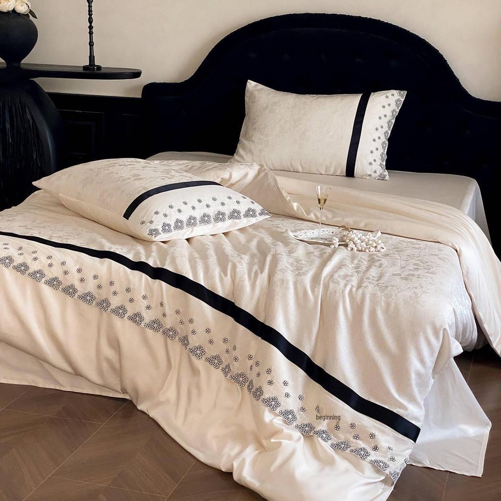 Elegant Princess Tencel Cotton Linen Blend Jacquard Bedding Set with Lace Trim - 4 Pieces