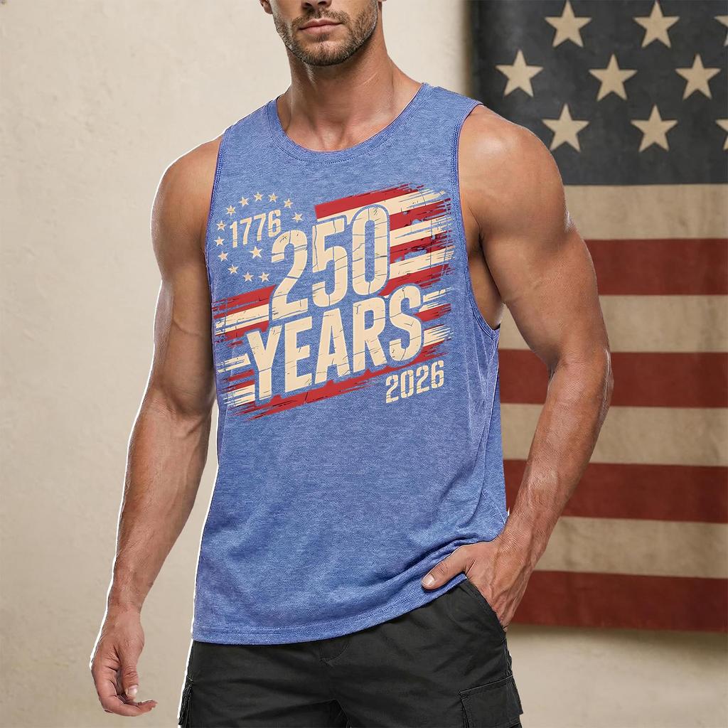 Canotta da uomo senza maniche con scollo rotondo con stampa 250 Anni Gilet Casual Muscle Fit 1776 2026 Grafica Leggera per l'Uso Quotidiano