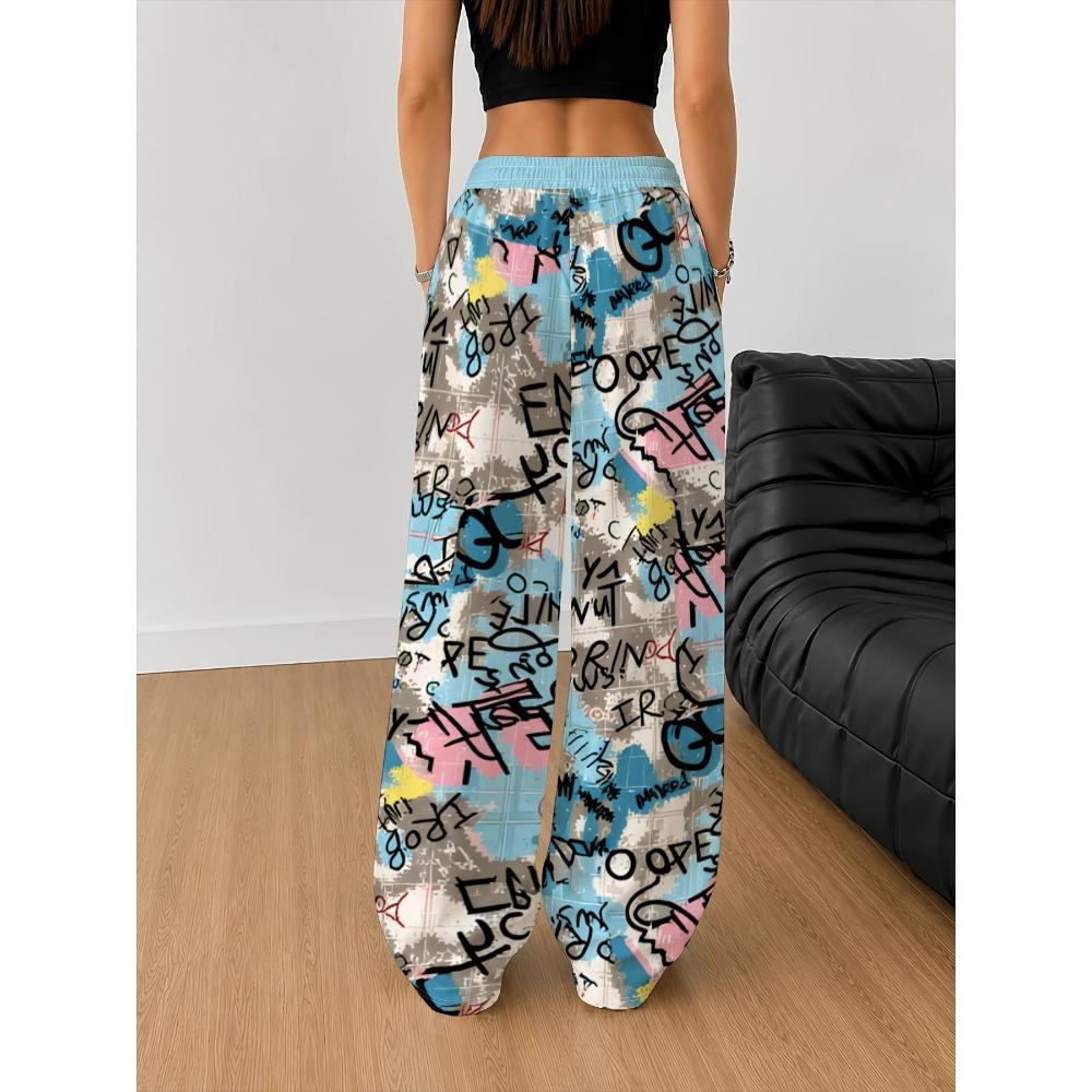 Women's graffiti print wide-leg pants drawstring elastic waist loose jogging pants casual sweatpants street style