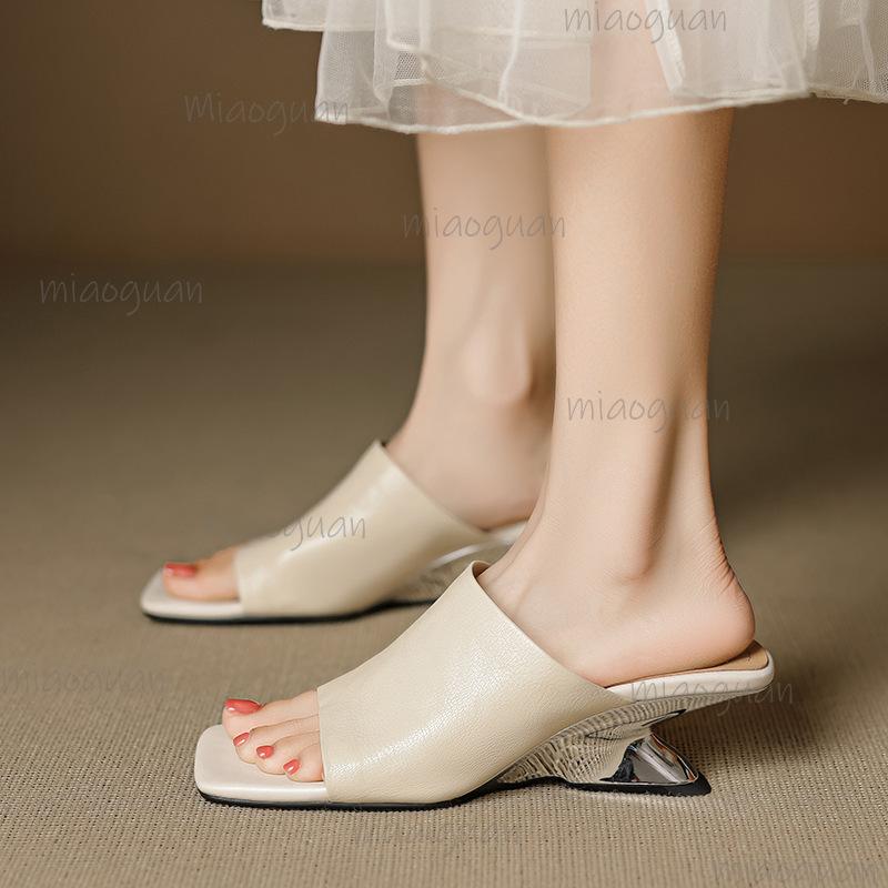Fashion Vintage Fashion Lame Heel Slippers Women Summer New Square Open Toe Soft Leather Slip On Sandals Sandalias De Mujer Black Red