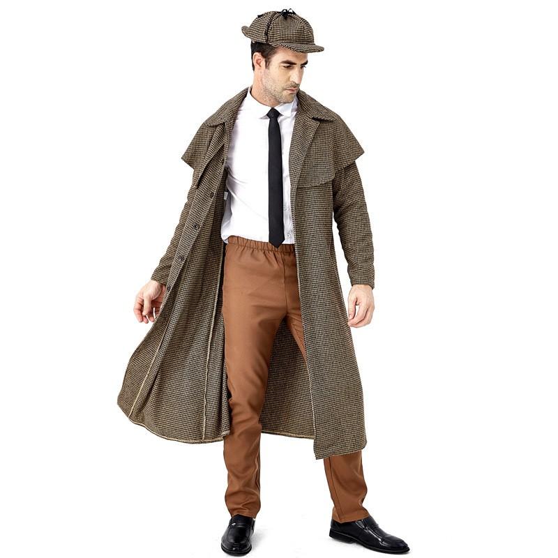 Halloween Male Costume Sherlock Holmes Vintage Plaid Trench Coat Stage Performance