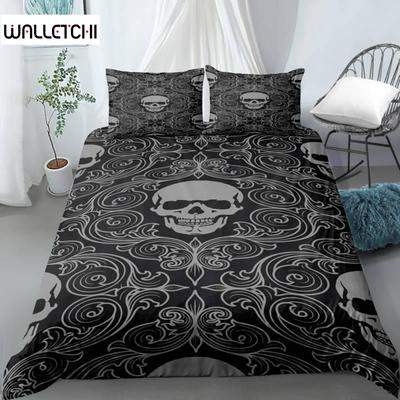 Juego de Funda Nórdica Queen Calavera Negro Esqueleto Patrón Paisley Floral Juego de Cama para Adolescente Adulto Poliéster Funda de Edredón de Halloween