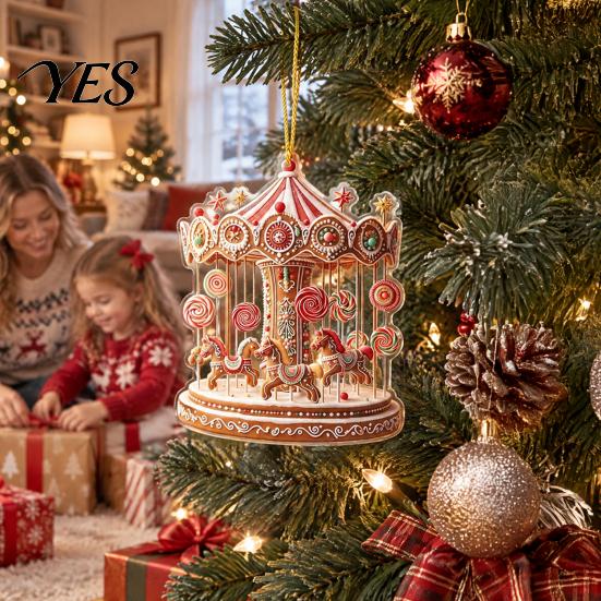 Gingerbread Theme Xmas Tree Decor Christmas Carousel Ornament, 2D Flat Car Rearview Mirror Charm, Acrylic Durable Hanging Keepsake Decoration for Car,