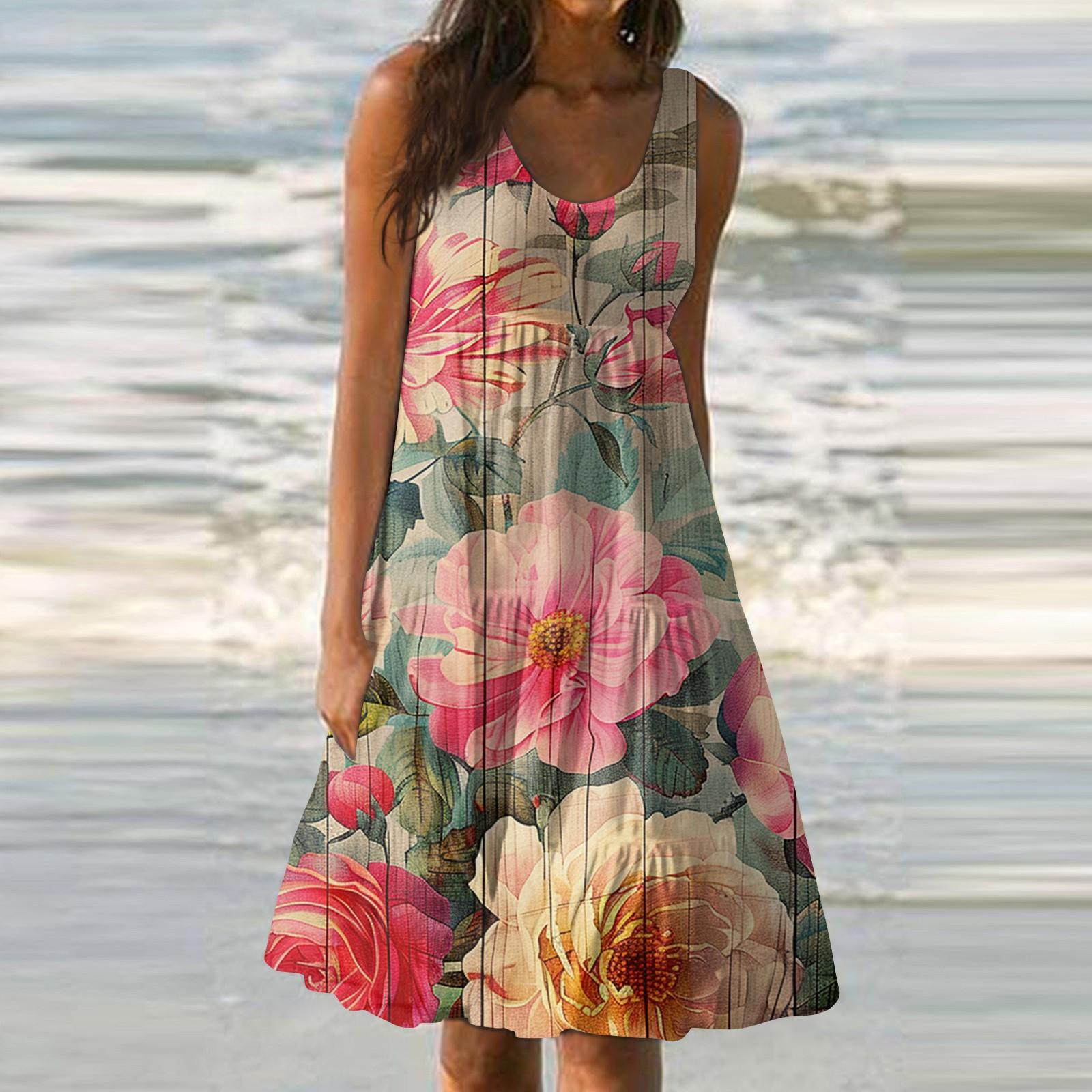 

Женское летнее модное свободное повседневное пляжное платье без рукавов с принтом L бежевый