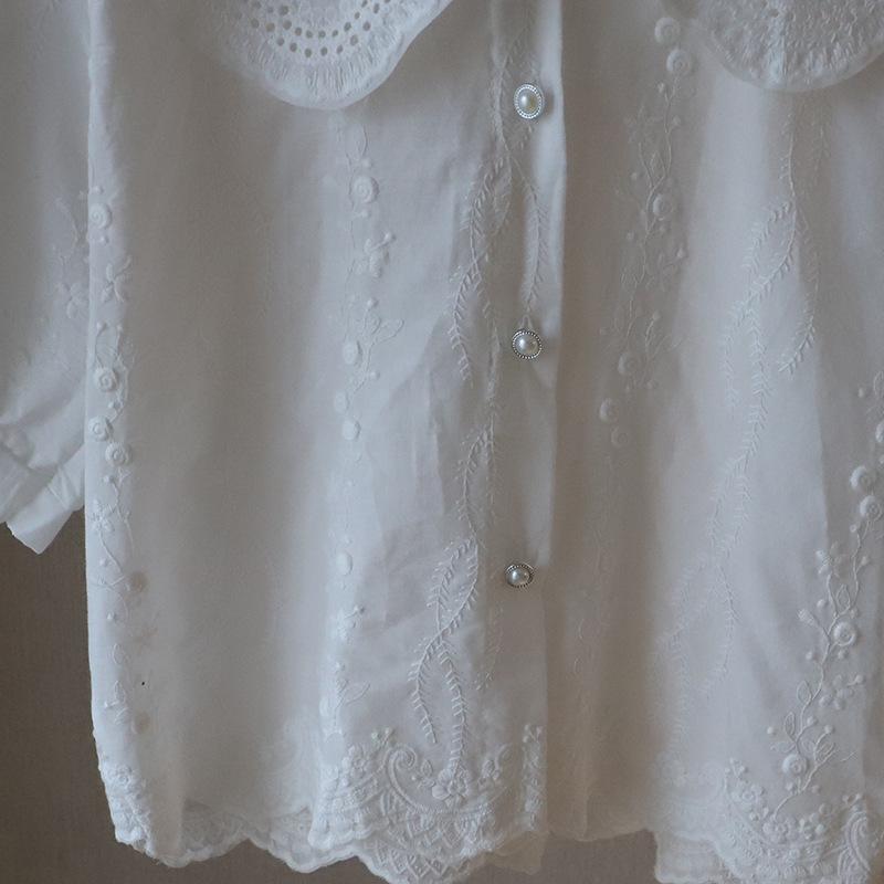 2025 Summer Korean Style Peter Pan Collar Jacquard Puff Sleeve Women's Shirt