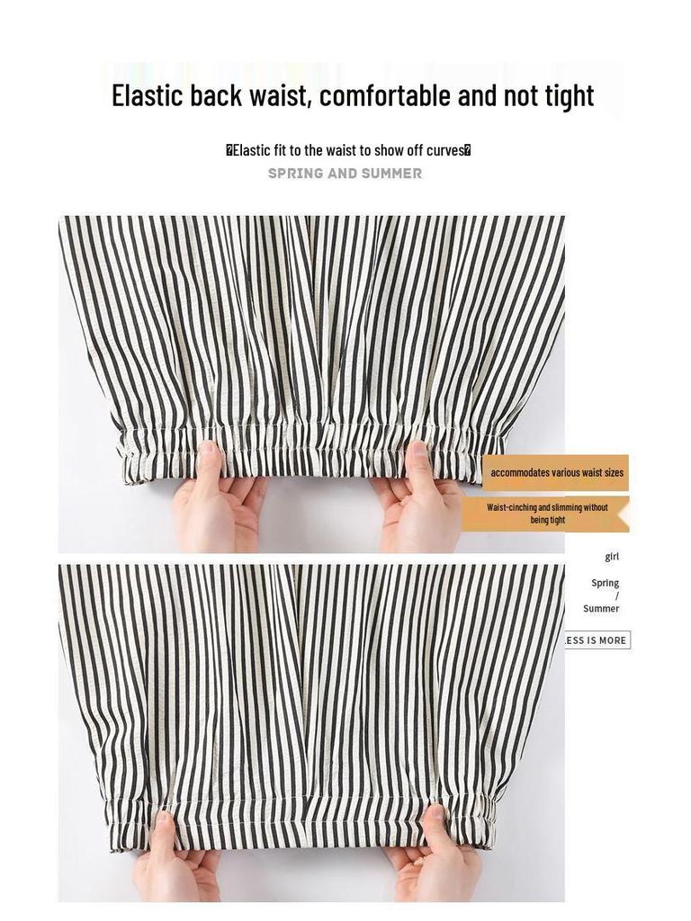 Women's 2026 Summer Ice Silk Striped Wide-Leg Pants: High-Waisted, Loose, Casual, Cotton-Linen, Floor-Length, Straight-Leg Fit