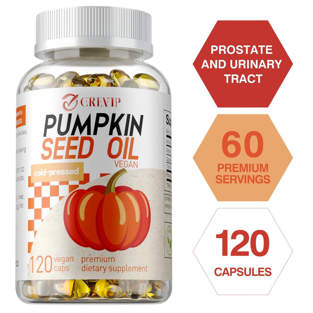 Pumpkin seed oil softgels, 500 mg, cold-pressed, unrefined, support bladder and prostate health.
