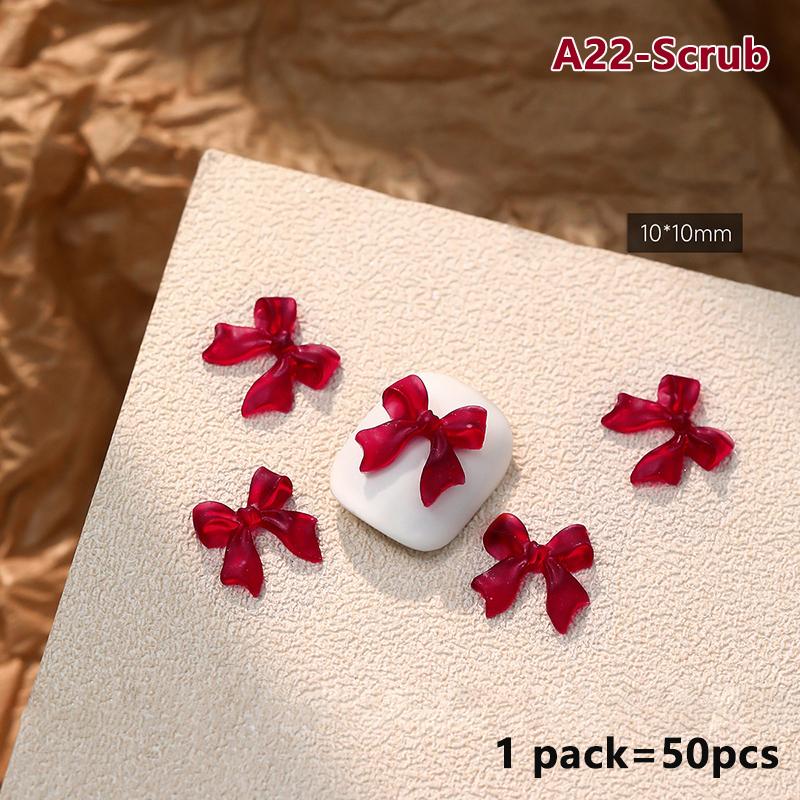 50Pcs French Style Bows Nail Accessories Mixed Size 3D Wine Red Bowknot Nail Charms Kawaii Winter Nail Art Decoration Cute Parts