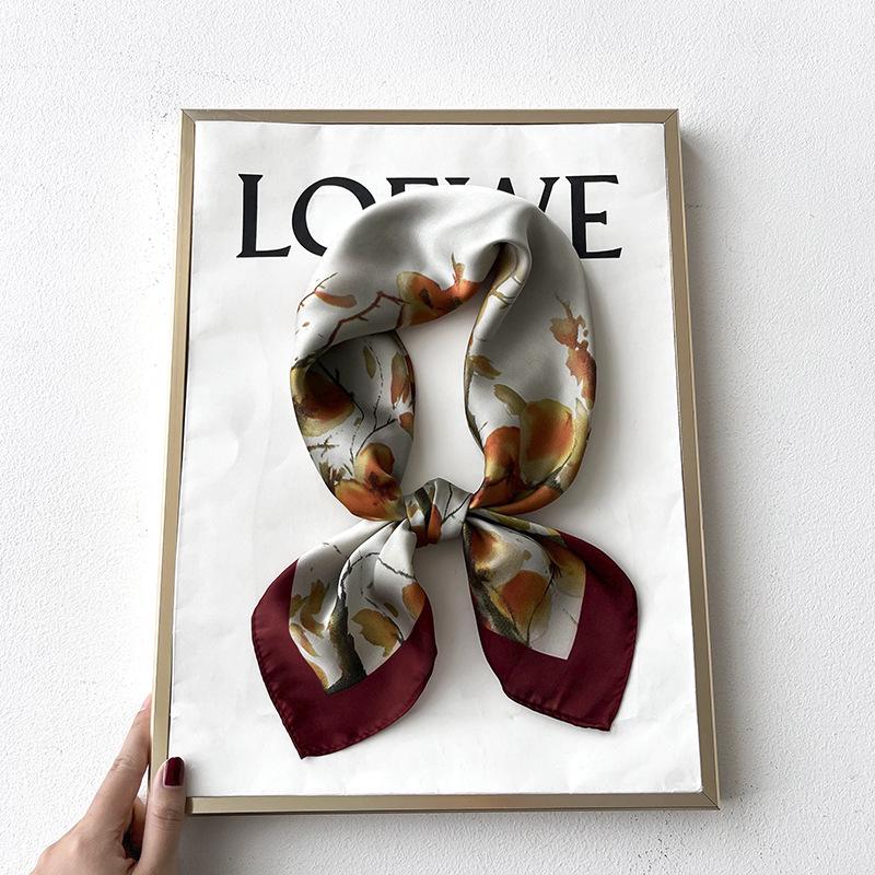 Korean Style Sweet Green Floral Butterfly Faux Silk Scarf - Women’s Versatile Spring/Summer Neck Scarf, 70cm Square.