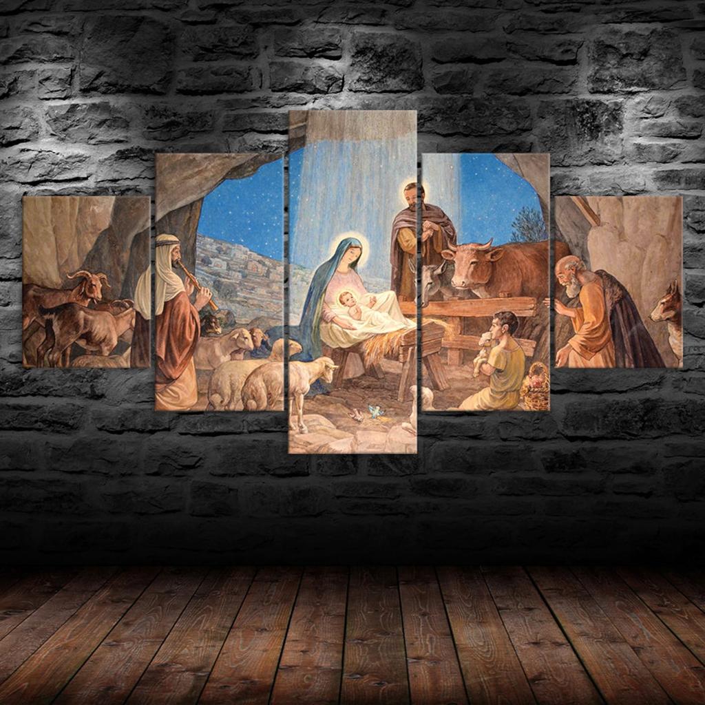 Birth of Jesus 5 Piece Canvas Wall Art Five Panel Christianity Theme Print Modern Art Poster Home Decor Picture Gift For Him For Her