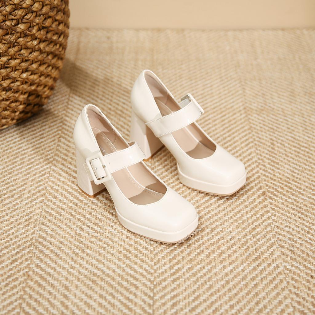 3359-17 Mary Jane Square Head High-heeled Single Shoes, New Light-mouth Buckle Thick-heeled Women's Shoes with Square Buckle Single Shoes
