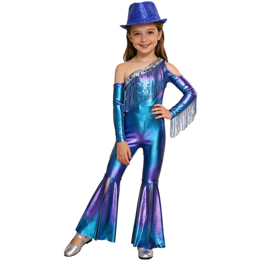 Girls Off Shoulder Jumpsuit Long Sleeve Sequin Tassel Detail Slit Bell Bottom Metallic Romper Hat Included