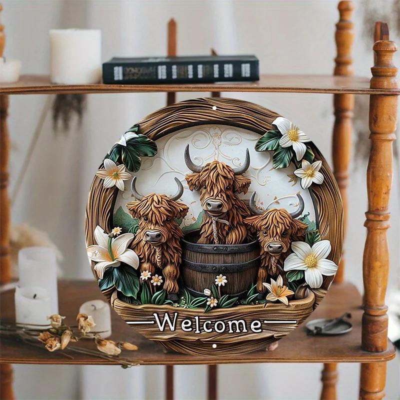 Attractive Highland Cow and Lily 8x8 Inch Aluminum Signage UV and Scratch Resistant, Easy To Hang Inside and Outside Decoration