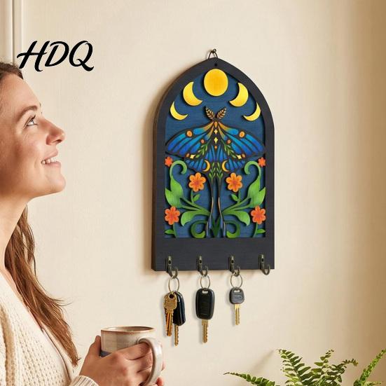 Key Hanger for Bedroom Door Bohemian Wooden Hanger Decorative Wall Mounted Holder with 4 Metal Boho Style Decor Hooks Artistic Hanging Hook Entryway