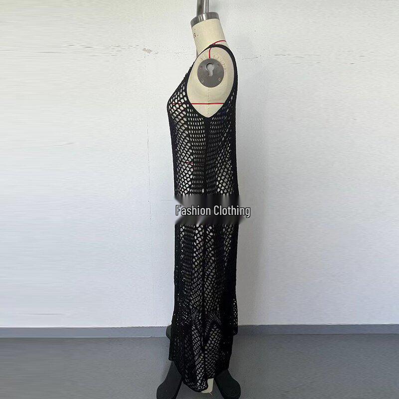 European & American Fashion Vacation Dress: Sexy U-neck, Solid Color, Spaghetti Strap, Cutout Long Beach Dress with Sun Protection