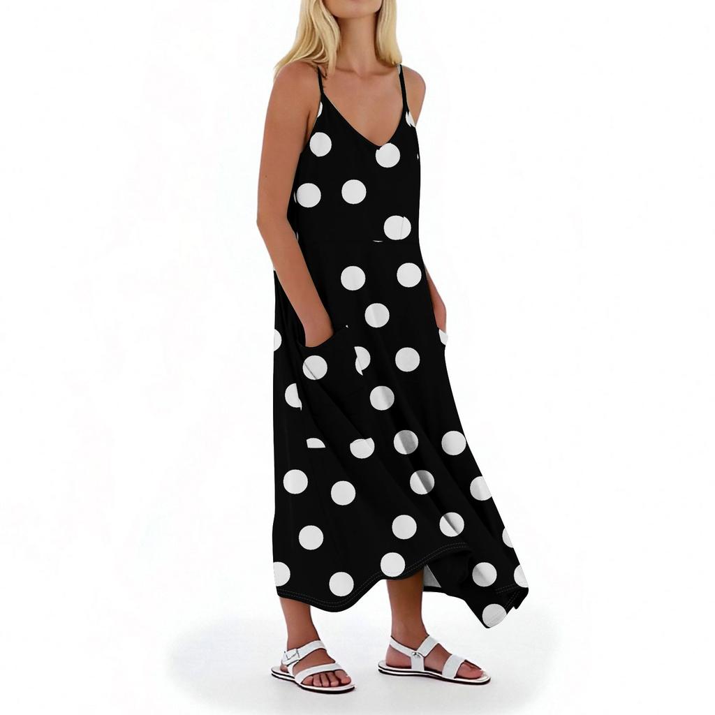 Women's Casual V Neck Dot Print Sleeveless Pocket Suspender Dress