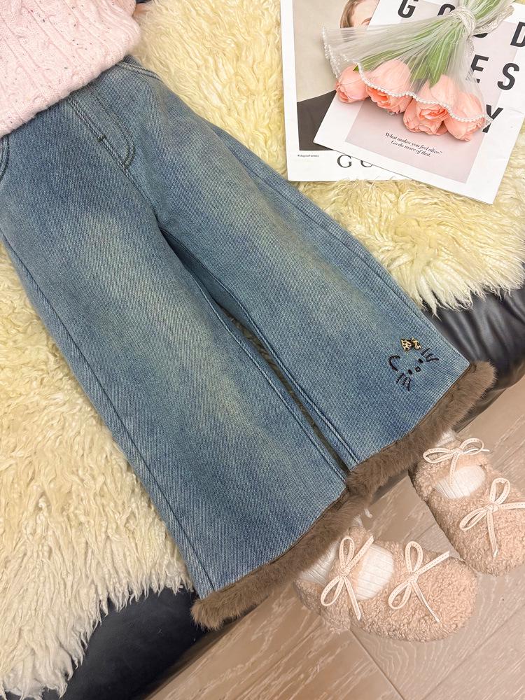 Flickors fleecefodrade kattbyxor: Vinter 2025 Raka Jeans